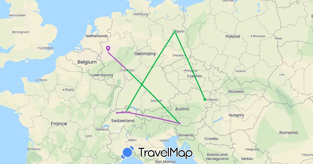 TravelMap itinerary: driving, bus, train in Austria, Switzerland, Germany (Europe)